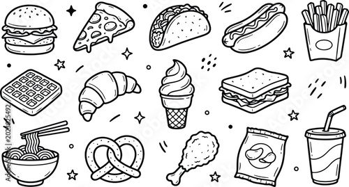 Cute snack doodle icon collection featuring burgers pizza fries desserts and drink illustrations