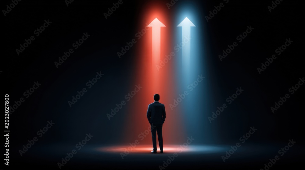 Fototapeta premium Surreal Concept of Decision-Making with Colorful Arrows Representing Choices in a Dark Environment for Business and Personal Growth Themes