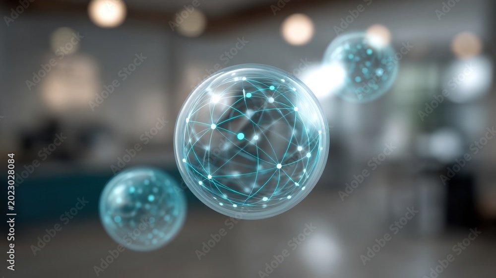 Fototapeta premium Abstract representation of digital connections and networks in a modern environment with glowing spheres and interconnected lines symbolizing technology and innovation
