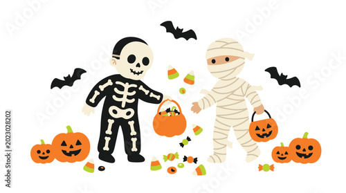Quadro su tela Halloween kids in skeleton and mummy costumes trick or treating with pumpkins an