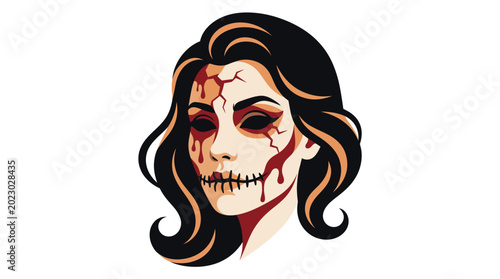 Photos Terrifying Halloween zombie woman with bloody face and wavy dark hair horror con