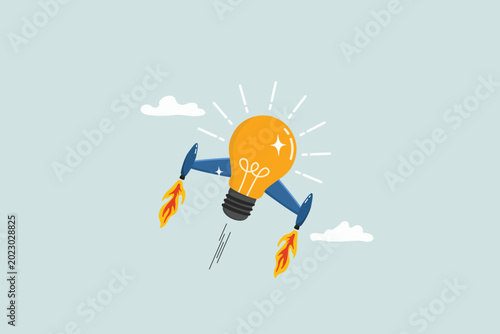 Boost creative idea, imagination, innovation or technology to help success, invent new solution to win business competition concept, bright lightbulb idea with rocket booster flying fast into the sky.