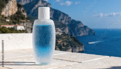 Clear water bottle set against a breathtaking backdrop of the sunny Mediterranean coast