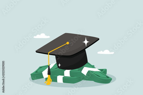 Education costs, student loans or tuition as academic expenses, scholarships or learning opportunities to develop, banknotes with graduation caps as educational expenses.