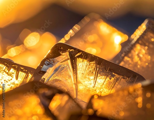 Golden Ice Cubes Melting Slowly Down.
