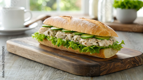Fresh healthy sandwich with ham cheese lettuce and tomato on delicious white bread roll for a snack meal or lunch