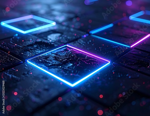 Neon glowing squares on dark background.