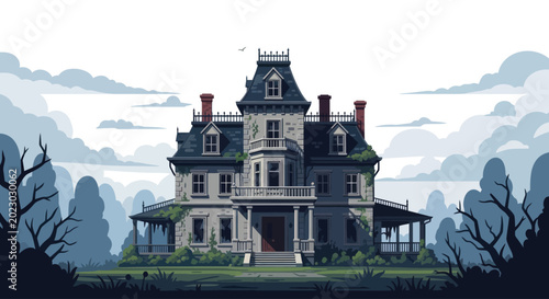 Victorian mansion in misty forest landscape vector illustration