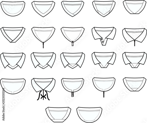 Tableau sur toile A clean vector sheet featuring a detailed collection of 21 unique fashion technical drawings of necklines and collars