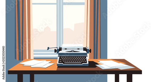Vintage typewriter on desk by window with city view