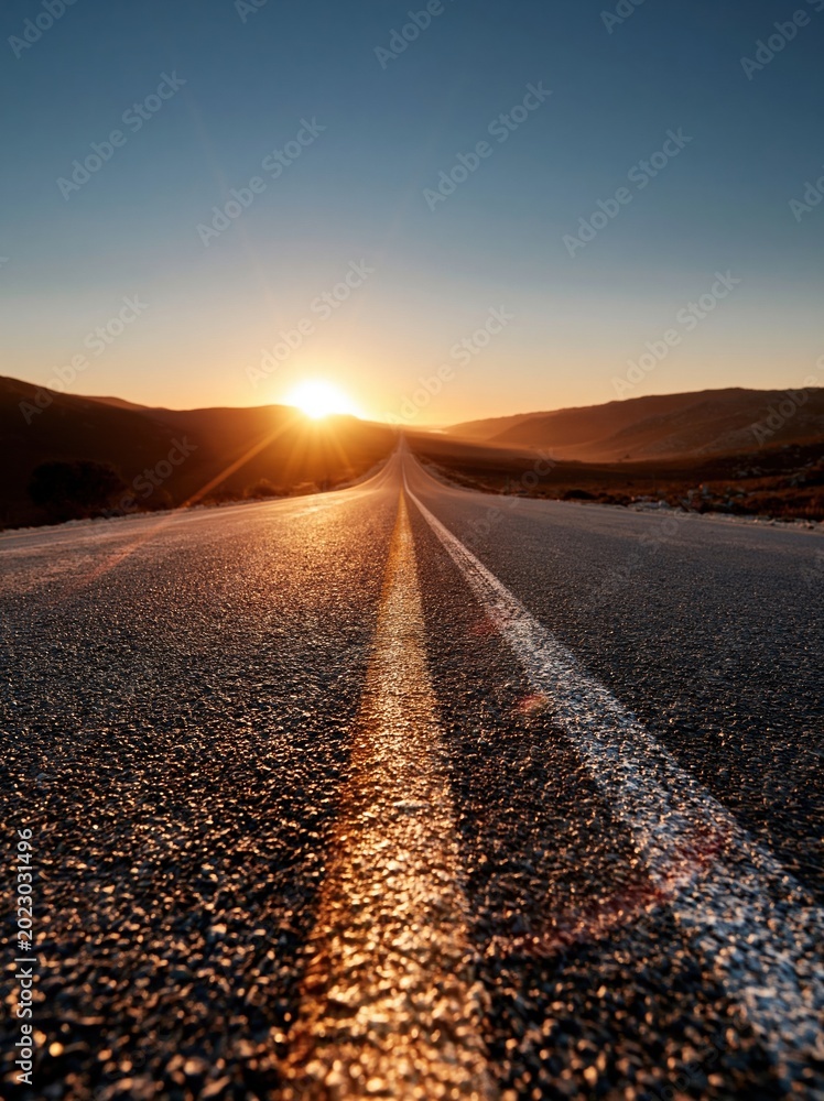 Fototapeta premium Open Highway Leading Towards a Brilliant Sunrise Over Rolling Hills