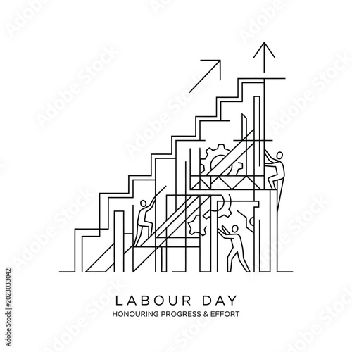Labour day concept showing workers climbing stairways to success with gear machinery art.