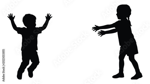 Obraz na plátně Two children playing and reaching with arms outstretched black silhouette