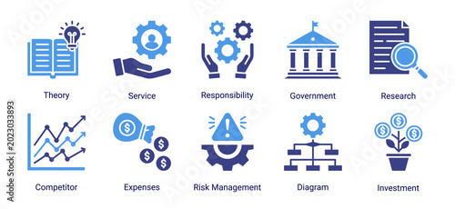 Bild auf Leinwand Corporate planning icon set featuring investment,risk management,research,compet