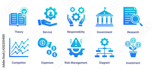 Foto Corporate planning icon set featuring investment,risk management,research,compet