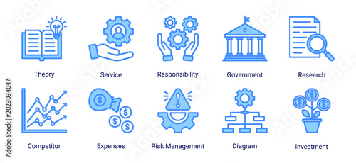 Foto Corporate planning icon set featuring investment,risk management,research,compet