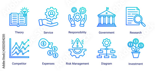 Foto Corporate planning icon set featuring investment,risk management,research,compet