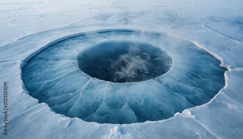Thermal spring melting circular fractures into frozen Arctic lake