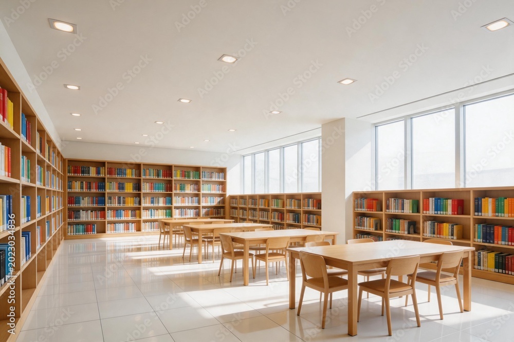 Fototapeta premium Library interior with bookshelves and tables