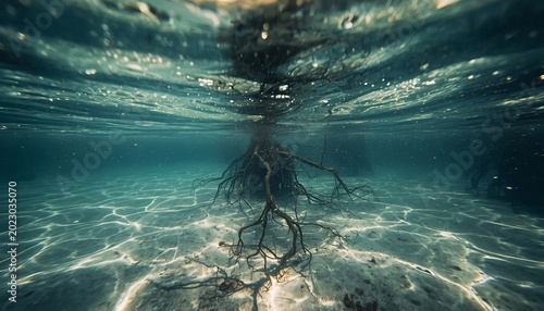 Mangrove root ecosystem visible beneath clear tidal water