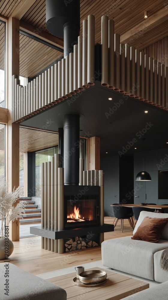 Fototapeta premium Modern Mountain Chalet Interior with Central Fireplace, Open Plan Living, and Natural Wood Accents