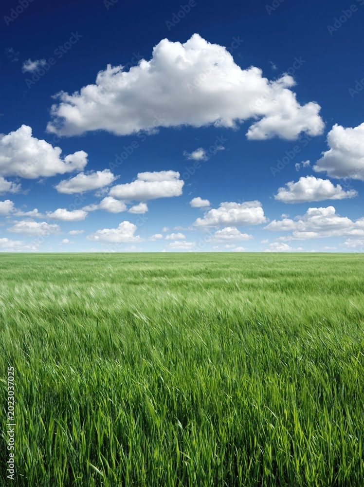 Obraz premium Vast Green Meadow Under a Bright Blue Sky with Fluffy White Clouds, Peaceful Landscape