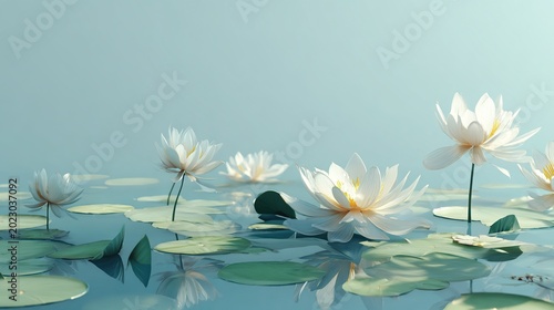 Pale Blue Frosted Lake With Water Lilies, Summer Floating Plant Niche Widescreen