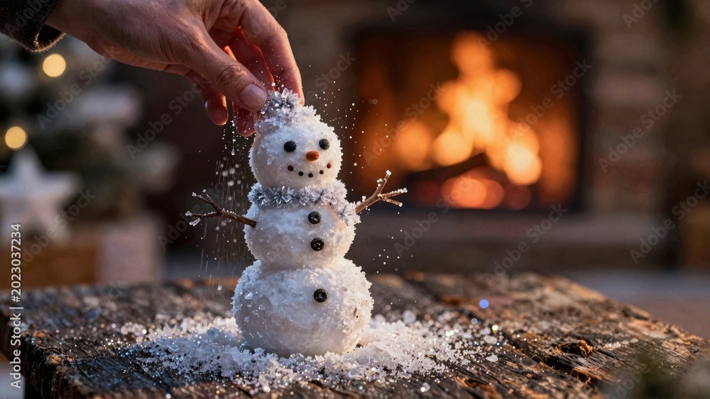 Obraz premium Miniature Snowman by Cozy Fireplace with Hand Sprinkling Snow