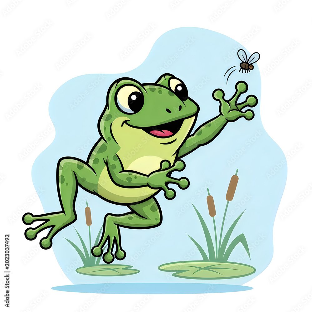 Obraz premium Cartoon frog, green amphibian, jumping frog, playful illustration
