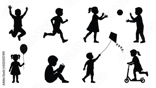Canvastavla Collection of children silhouettes engaged in playful activities against a white
