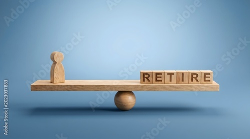 Wooden Seesaw Balancing Retirement Concept on Light Blue Background