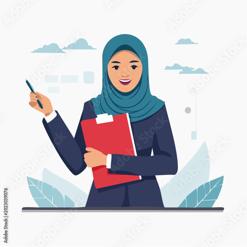 Muslim Woman in Hijab Holding Clipboard and Pen, Professional Businesswoman