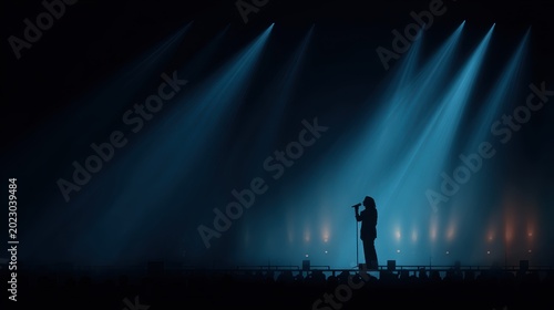 Silhouette of singer on stage in spotlights. Banner design