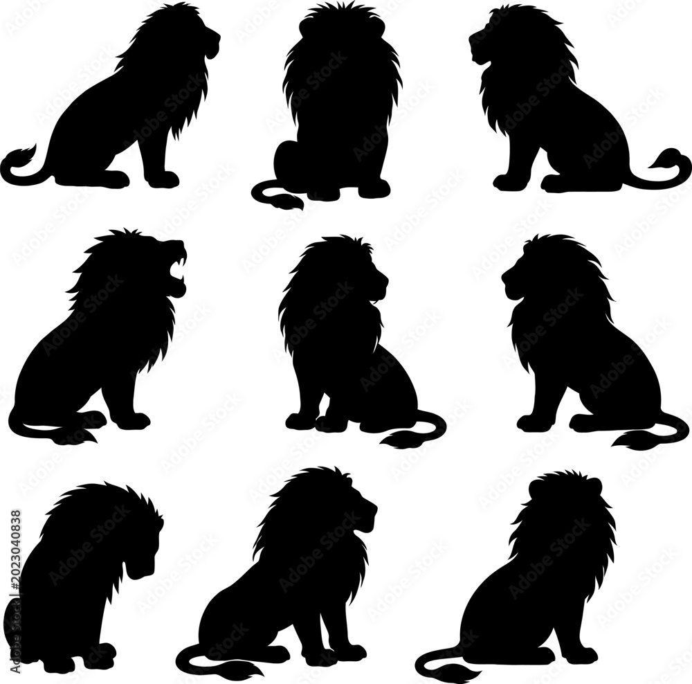 Obraz premium Lion silhouettes showcase various poses and expressions in a natural setting
