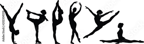 Foto Black silhouettes of female gymnasts and ice skaters performing athletic poses,