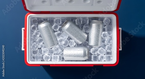 Overhead view of a red cooler filled with ice and four silver beverage cans