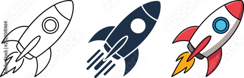 Foto Set of rocket icons, showing outline, filled, and colorful versions on transparent background