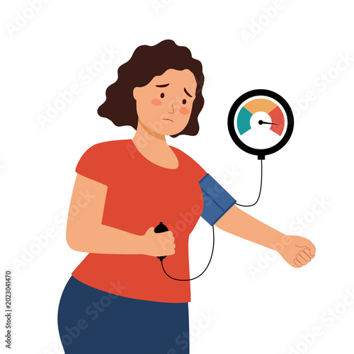 Hypertension and Blood Pressure. Woman checking her blood pressure with a stethoscope and a gauge