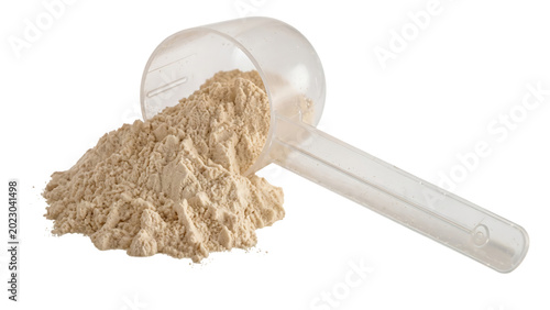Protein powder scoop with beige powder, isolated on a transparent background, supplement