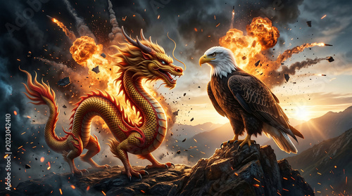 Golden Chinese dragon confronting a bald eagle, symbolizing the powerful rivalry between China and the United States.
