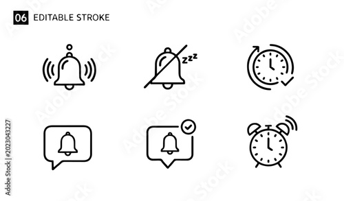 Bell and alarm line icon set notification reminder vector illustration