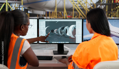 Fotografie Female Aircraft Technician Uses CAD Software