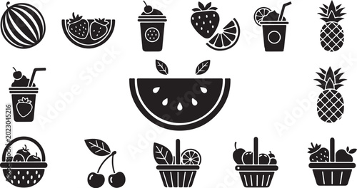 Fresh Fruit and Drink Icons in Black White
