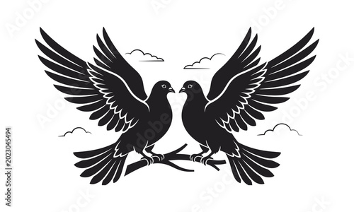 Vászonkép Pair of peace dove, two doves silhouette, peace dove vector, dove pair illustrat