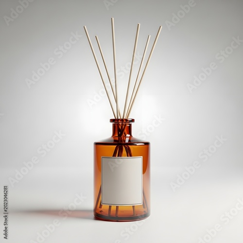 An amber glass reed diffuser with blank label and wooden sticks stands on a white surface with soft lighting.