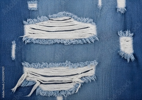 Close-up detail of ripped and frayed blue denim fabric showing the texture of worn-out threads.