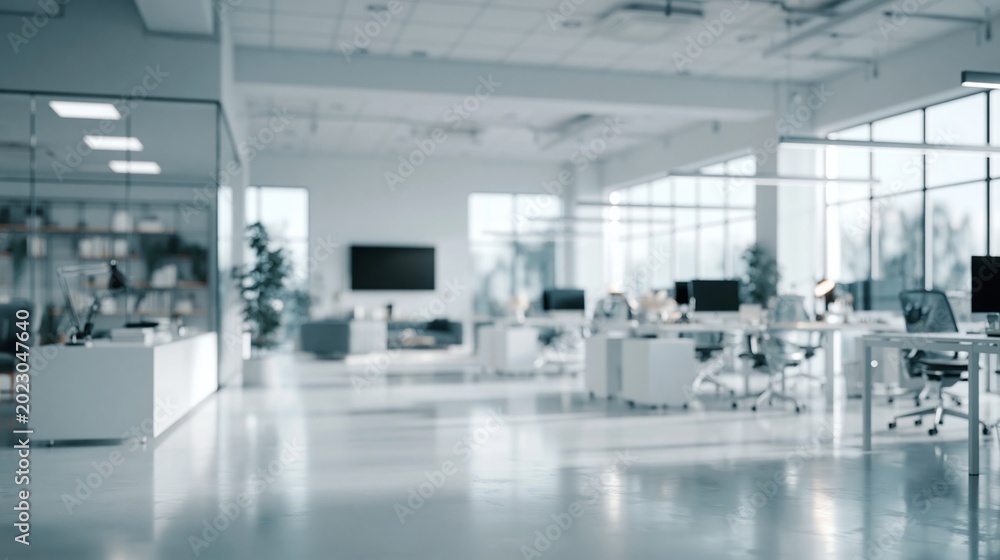Obraz premium Modern bright open-plan office interior with desks and workstations bathed in natural light