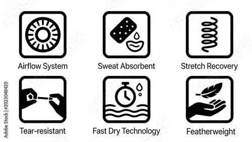 Ventilation ring, sweat absorbing sponge icon, professional sports equipment with breathable, sweat absorbing, stretch recovery, tear resistant, fast drying, and ultra light characteristics.
