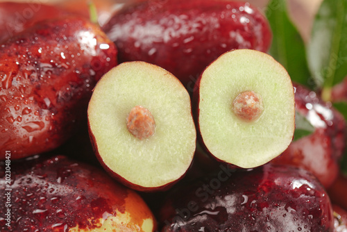 Fresh Red Jujube Fruits Cross Section Still Life Studio Photography