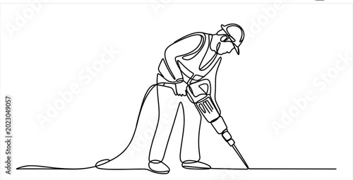 Continuous one line drawing of a construction worker using a jackhammer for road repair Vector, illustration